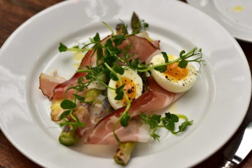 Chargrilled asparagus, speck and soft-boiled egg.