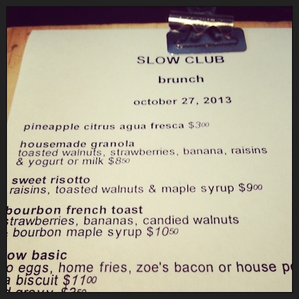 Slow club menu