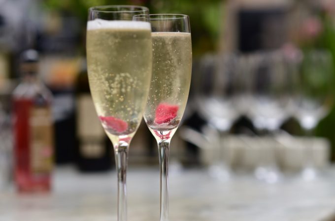 prosecco cocktail with rose petals at Petersham Nurseries